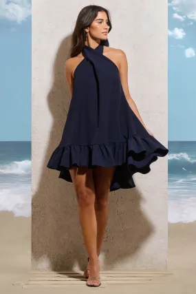 August | Mini-robe bleu marine à encolure haute et bretelles à nouer