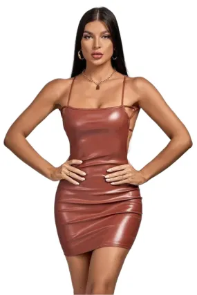 Countermove Halter PU Leather Mini Dress - Brown